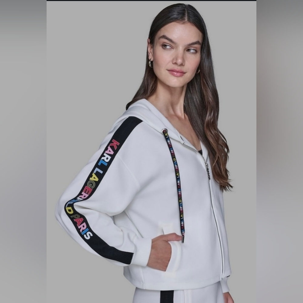 Karl Lagerfeld White Hooded Sweatshirt with Multicolor Sleeve Logo